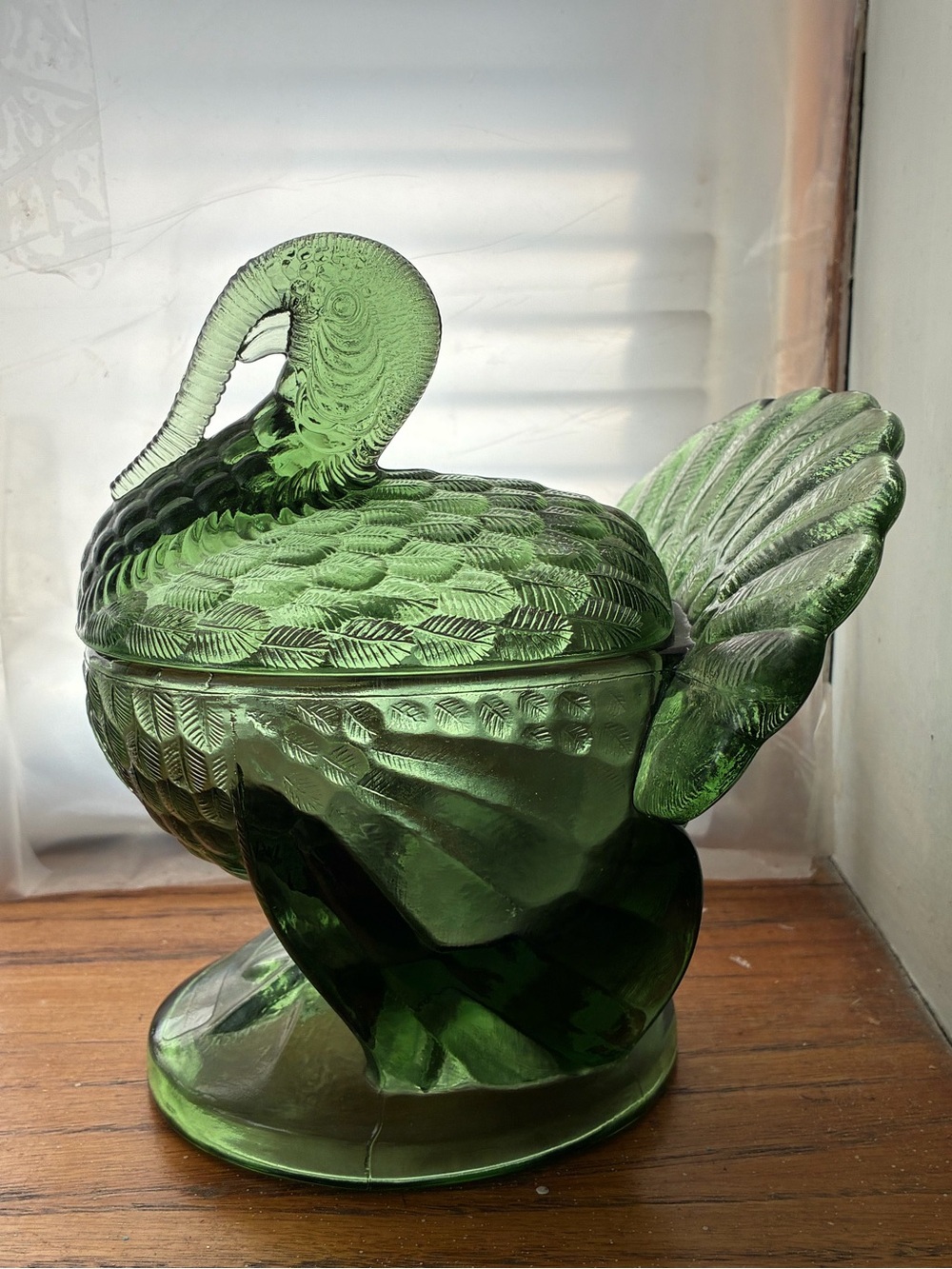 Vintage L. E. Smith Green Glass Turkey Candy  Dish